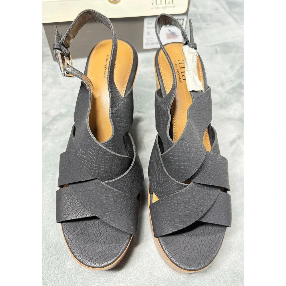 ana Dorian Womens 10 Black Platform Wedge Sandals Crisscross Strap